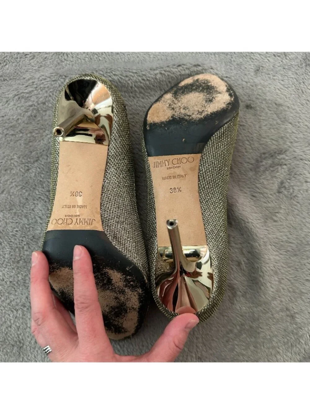 *as is* Jimmy Choo Evelyn Glitter Peep Toe Gold Heels Womens size 38.5